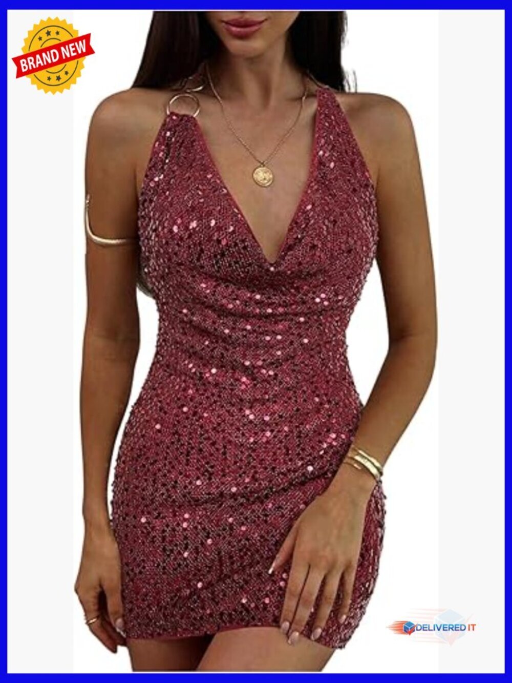 Sequin Halter Mini Dress Backless Ruched Cocktail Party